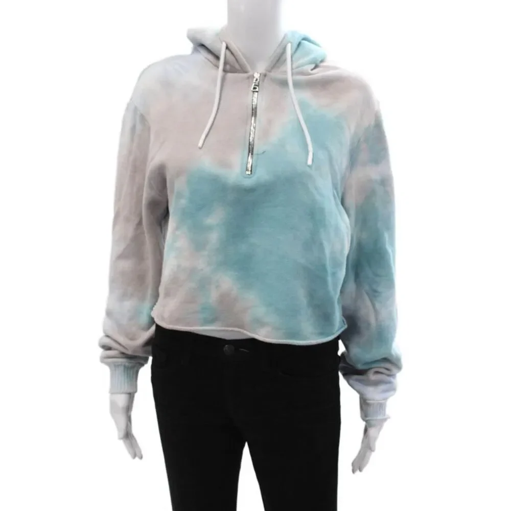 Cotton Citizen Women Henley Hoodie Light Blue Drawstring Long Sleeve Size S